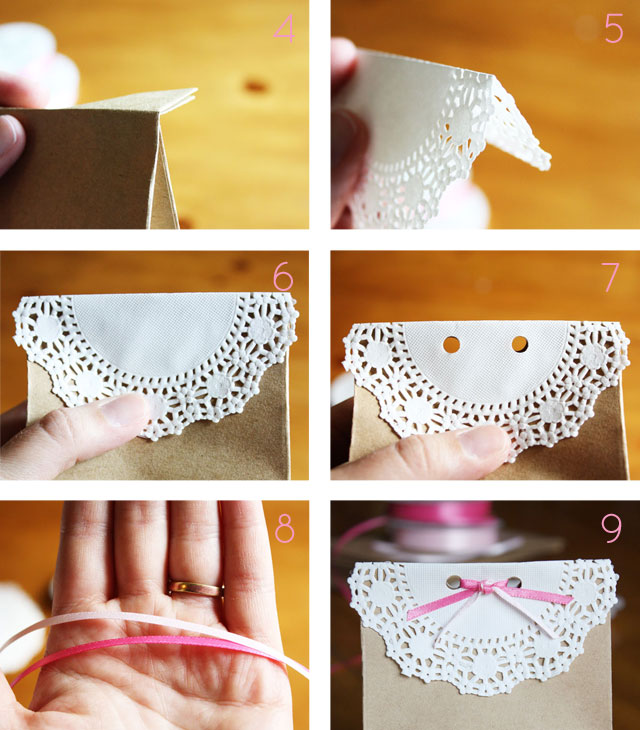 These sweet, doily-topped favor bags are perfect for birthday parties and baby showers.