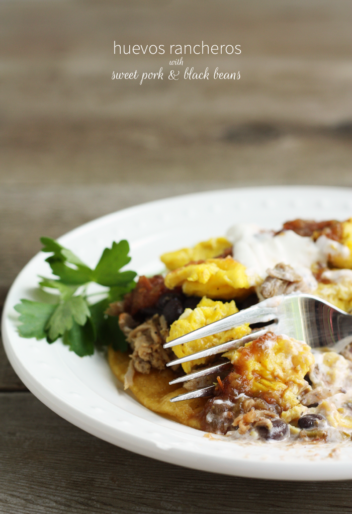 huevos rancheros with sweet pork and black beans