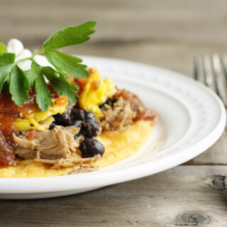 huevos rancheros with sweet pork and black beans