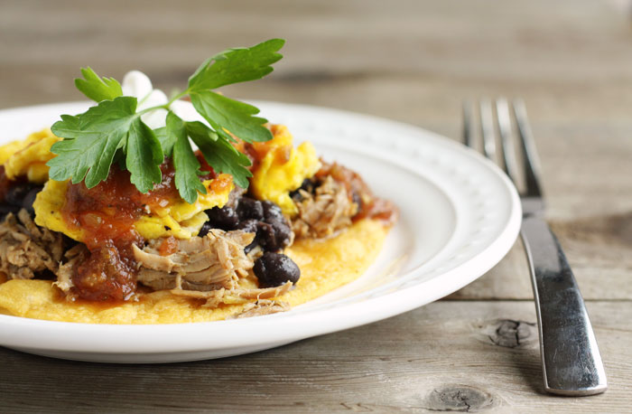 huevos rancheros with sweet pork and black beans