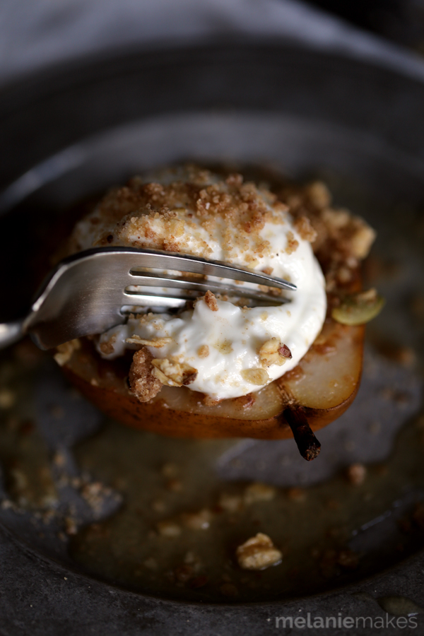melanie makes granola streusel baked pears