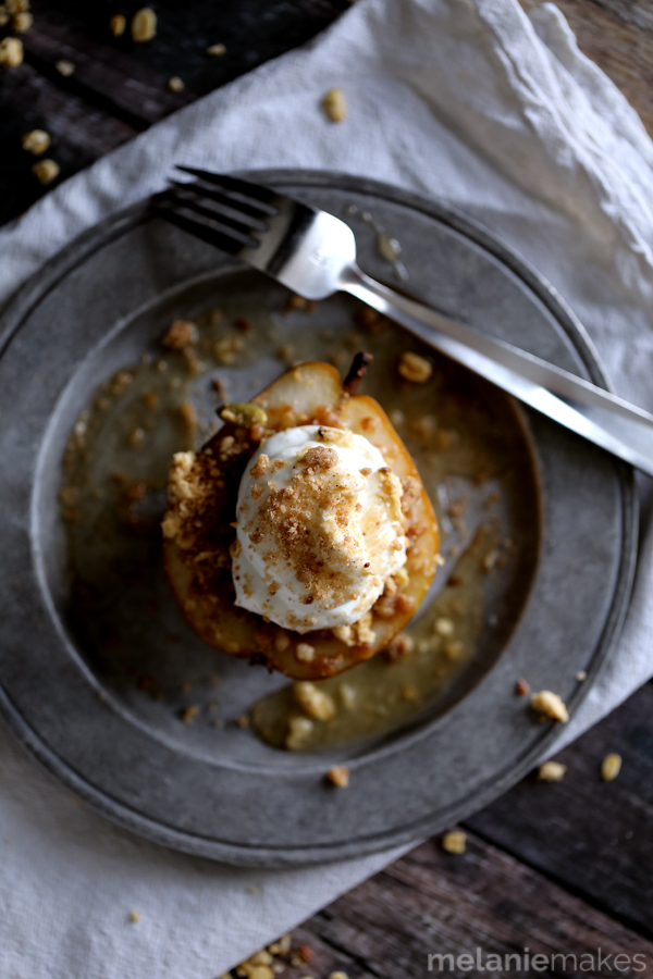 melanie makes granola streusel baked pears