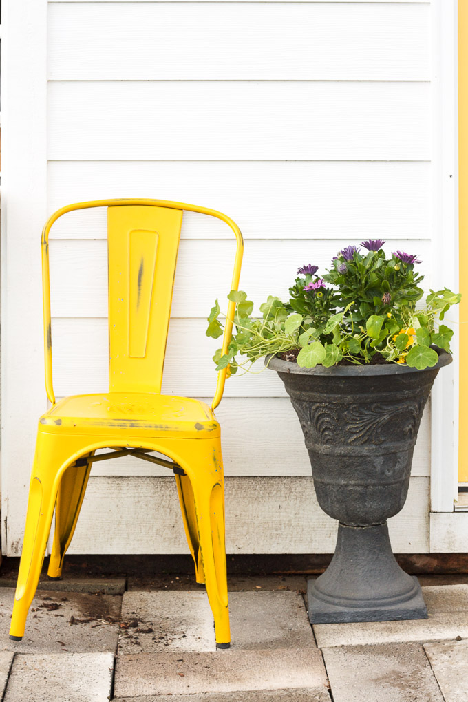 a rustic yellow chair and A chicken-friendly planter sit just outside the door of the chicken coop.