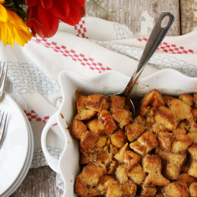 The easy, overnight french toast casserole has a layer of tart apples and buttery caramel sauce at the bottom!