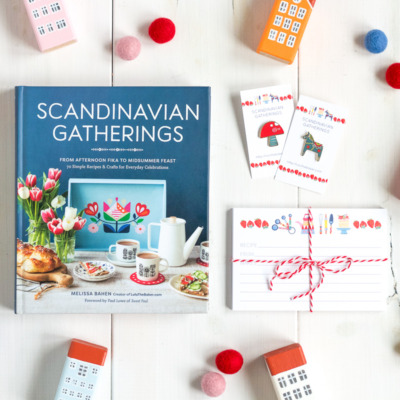 Scandinavian Gatherings recipe cards, Toadstool and Dala Horse enamel pins, available from Lulu the Baker's Etsy shop