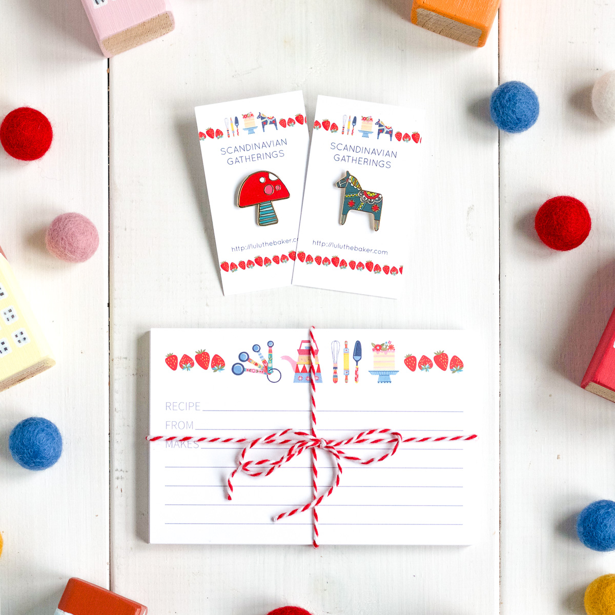 Scandinavian Gatherings recipe cards, Toadstool and Dala Horse enamel pins, available from Lulu the Baker's Etsy shop