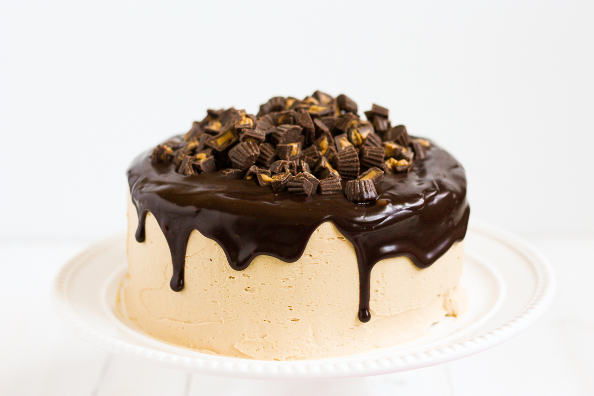 Everybody's favorite flavor combination in a delicious layer cake! Chocolate cake covered in fluffy peanut butter frosting and silky-smooth milk chocolate ganache.