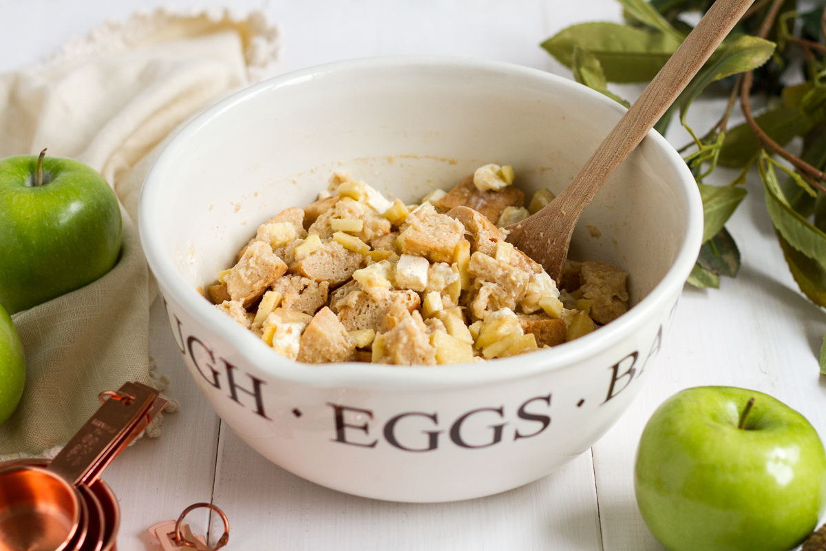 A perfect holiday breakfast for the whole family! This easy stuffed french toast casserole is filled with cinnamon, apples, cream cheese, and chunks of crusty french bread soaked in a sweet, cinnamon-custard sauce. Let it sit in the fridge overnight, then pop it in the oven when you wake up. It will fill your whole house with mouthwatering apple-cinnamon smells while it bakes, and will make tummies happy with every maple syrup-covered bite. For big families or breakfast guests, just double the recipe and bake it in a 9x13" pan.