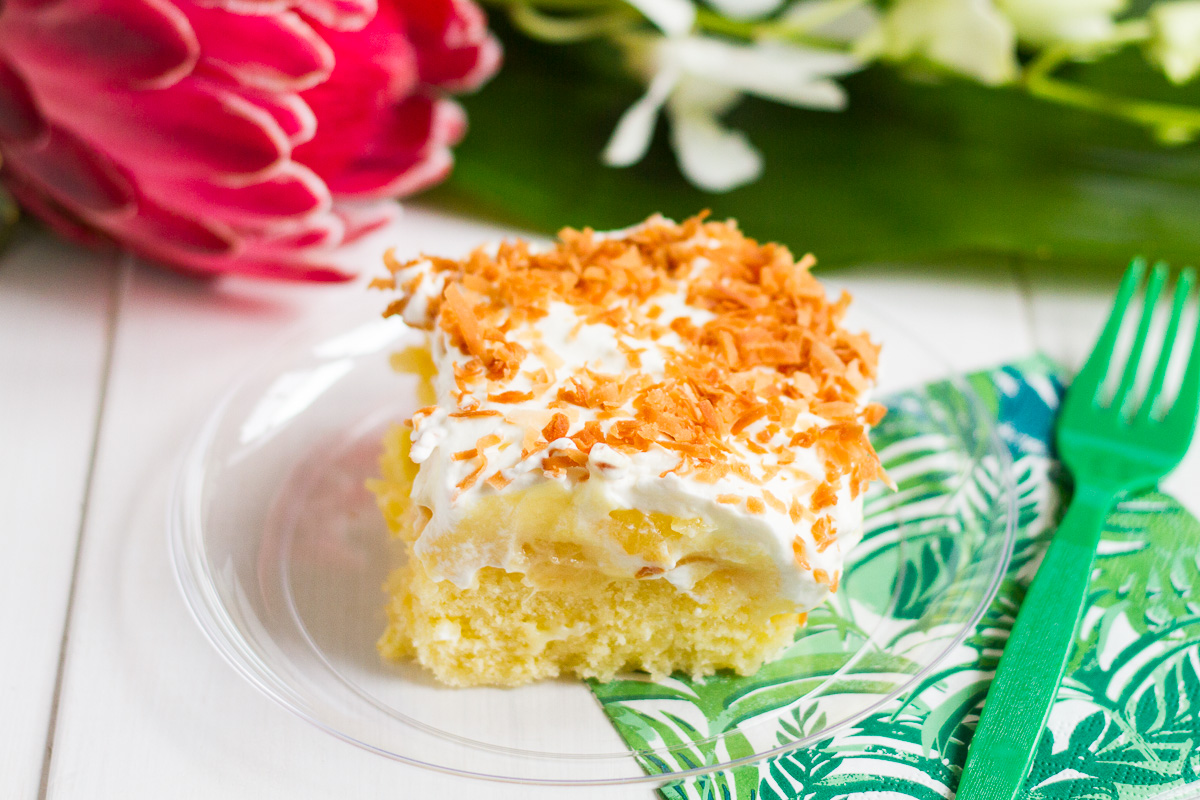 Hawaiian Party Cake, with flavors of pineapple and coconut, is the perfect easy dessert for your next get-together!