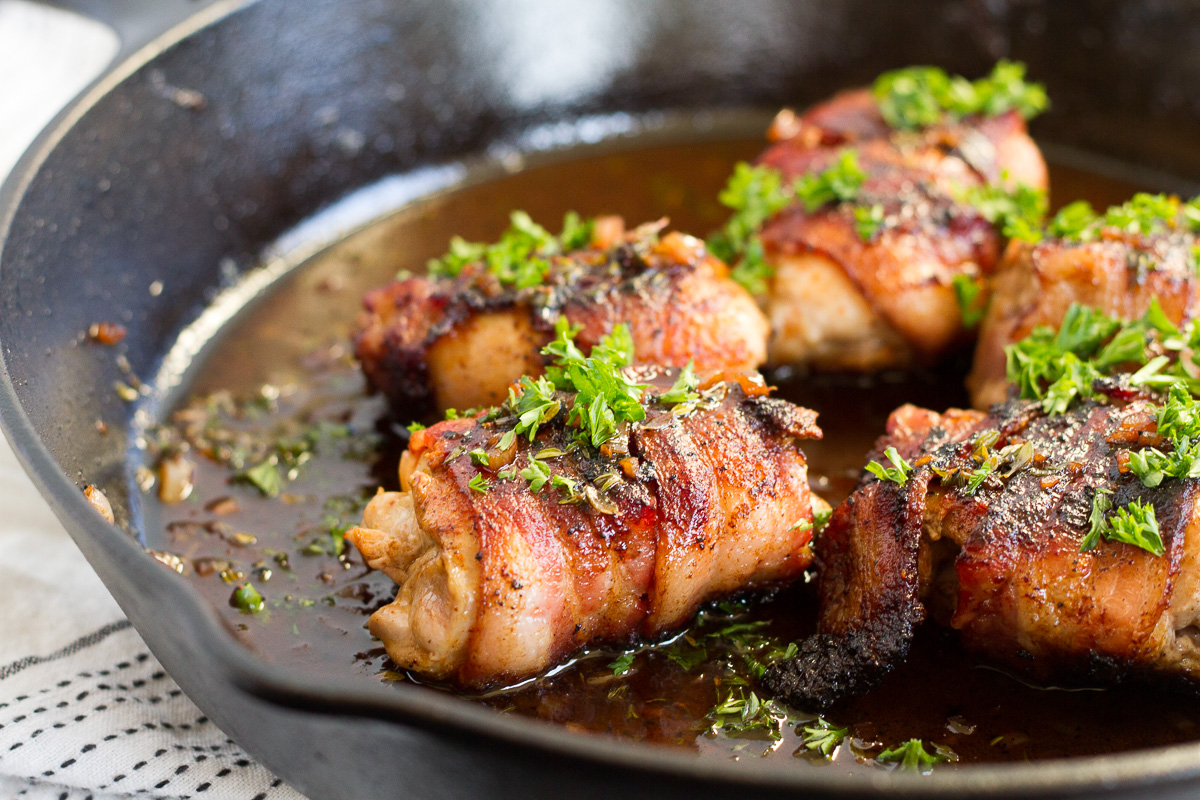 Bacon-Wrapped Chicken Thighs with Apple Cider Pan Sauce