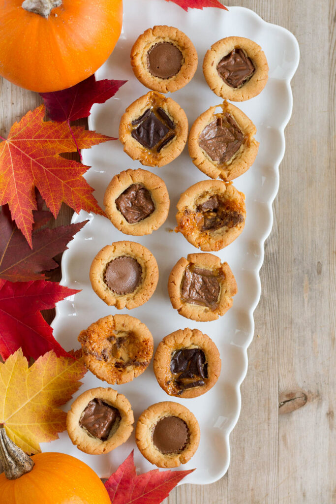 candy bar thumbprint cookies made with premade cookie dough and chocolate candy bars