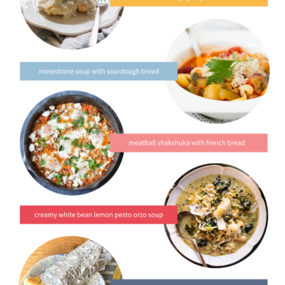 5 menu ideas for easy weeknight dinners, including biscuits and gravy, minestrone, meatball shakshuka, a lemony orzo soup, and shredded greek pork pitas