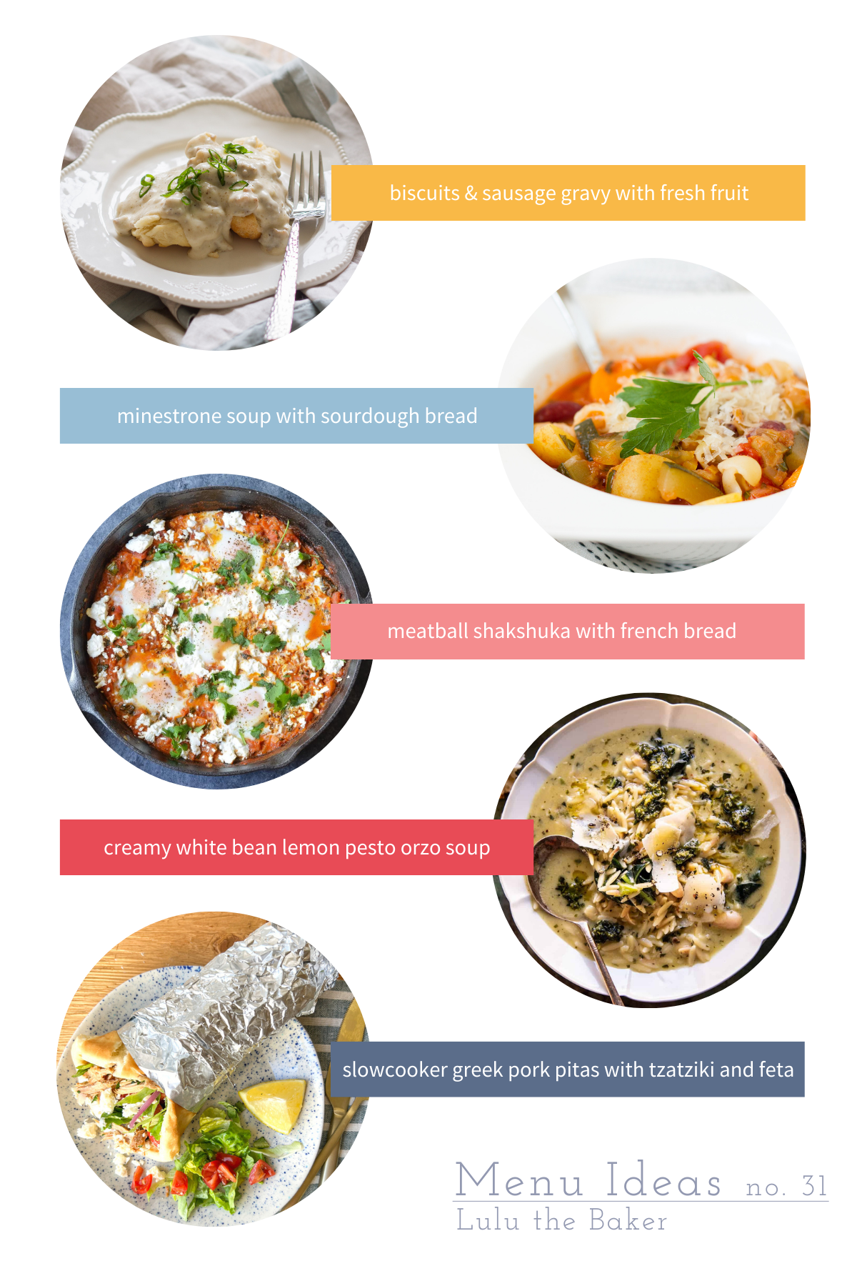 5 menu ideas for easy weeknight dinners, including biscuits and gravy, minestrone, meatball shakshuka, a lemony orzo soup, and shredded greek pork pitas